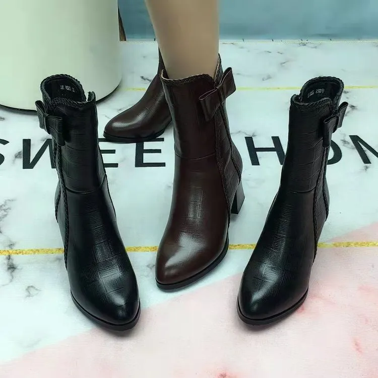 Elegant bowknot block heels mid calf boots