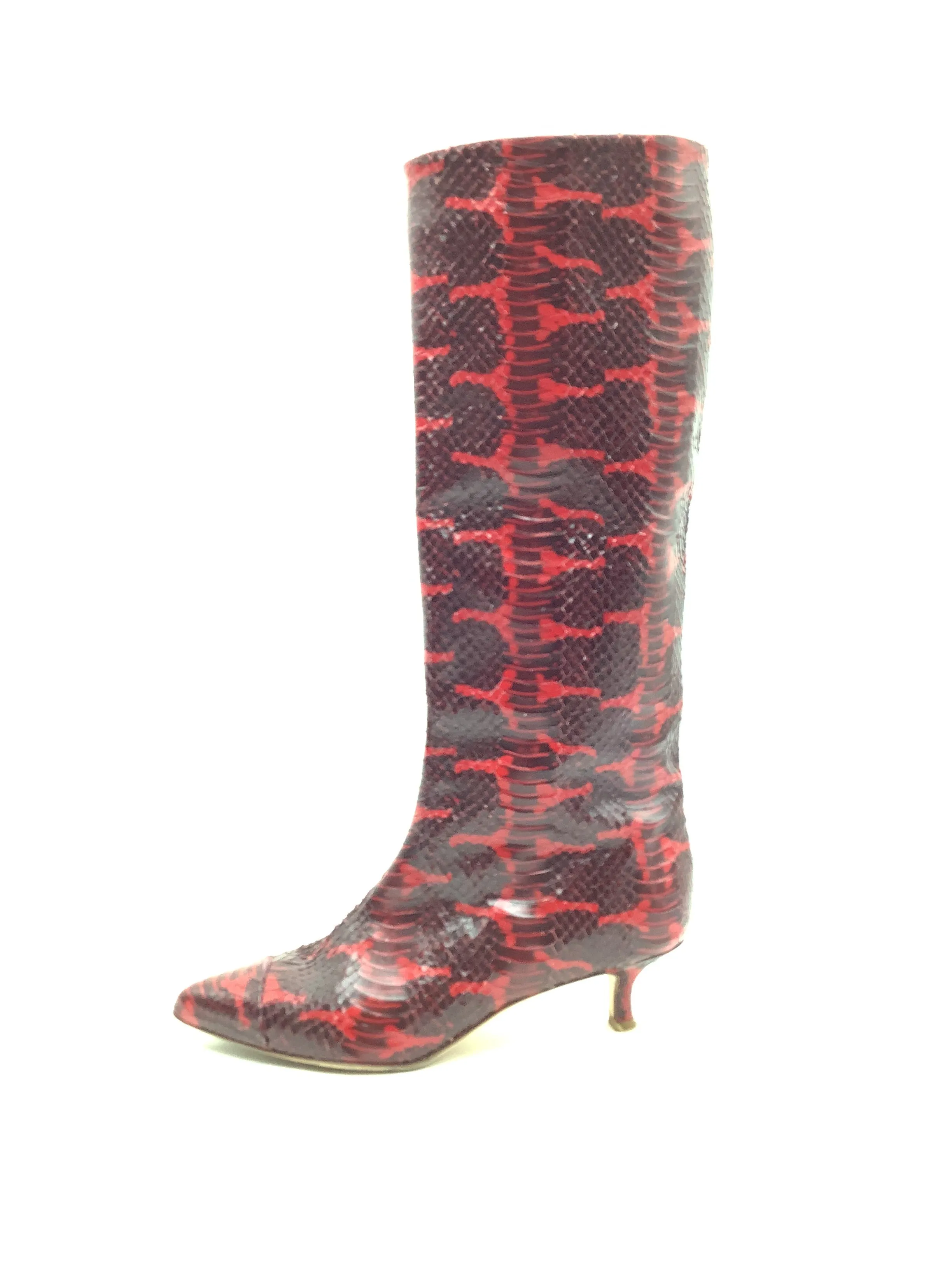 tibi Women's Boots Leather Mid Calf Red Black Animal Print Size: 6.5