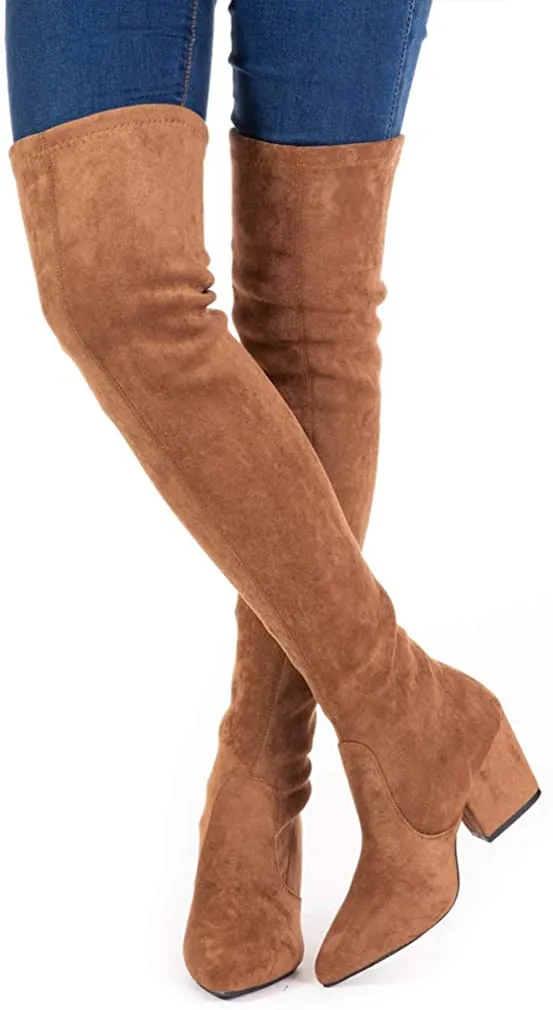 Winter Red Suede Over Knee Chunky Heel Boots