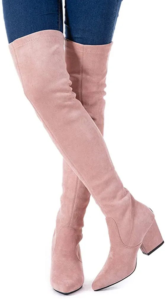 Winter Red Suede Over Knee Chunky Heel Boots