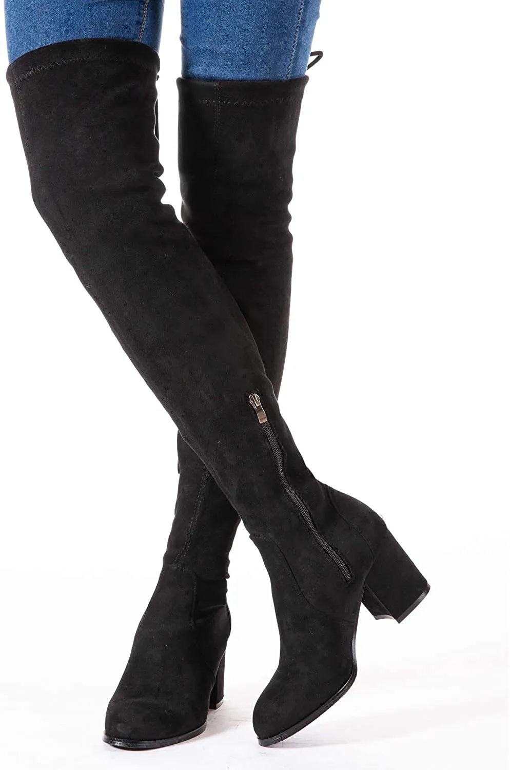 Winter Red Suede Over Knee Chunky Heel Boots