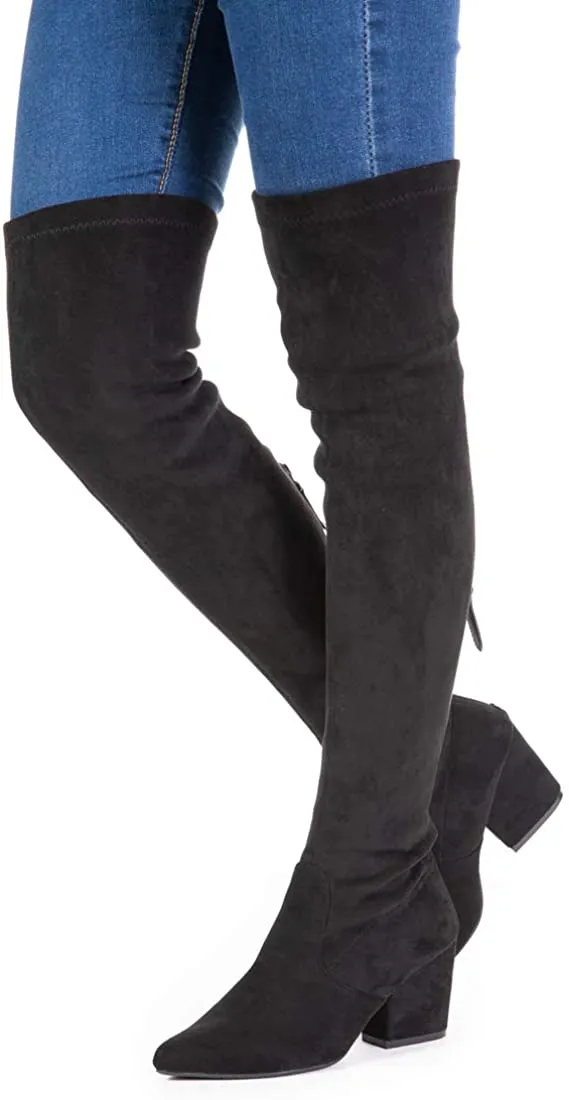 Winter Red Suede Over Knee Chunky Heel Boots