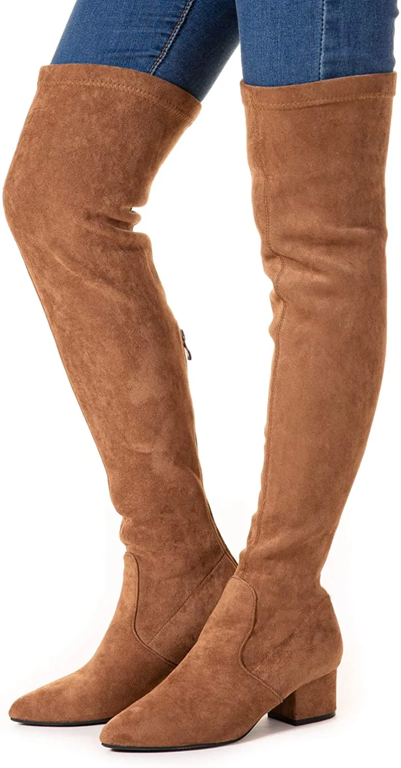 Winter Red Suede Over Knee Chunky Heel Boots