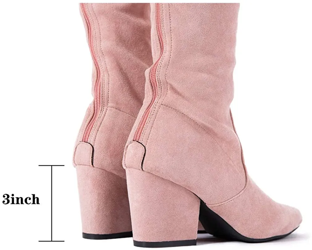 Winter Red Suede Over Knee Chunky Heel Boots