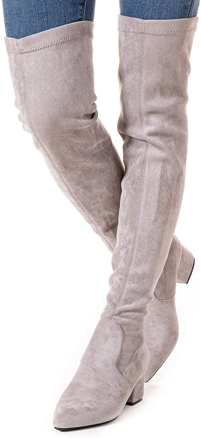 Winter Red Suede Over Knee Chunky Heel Boots