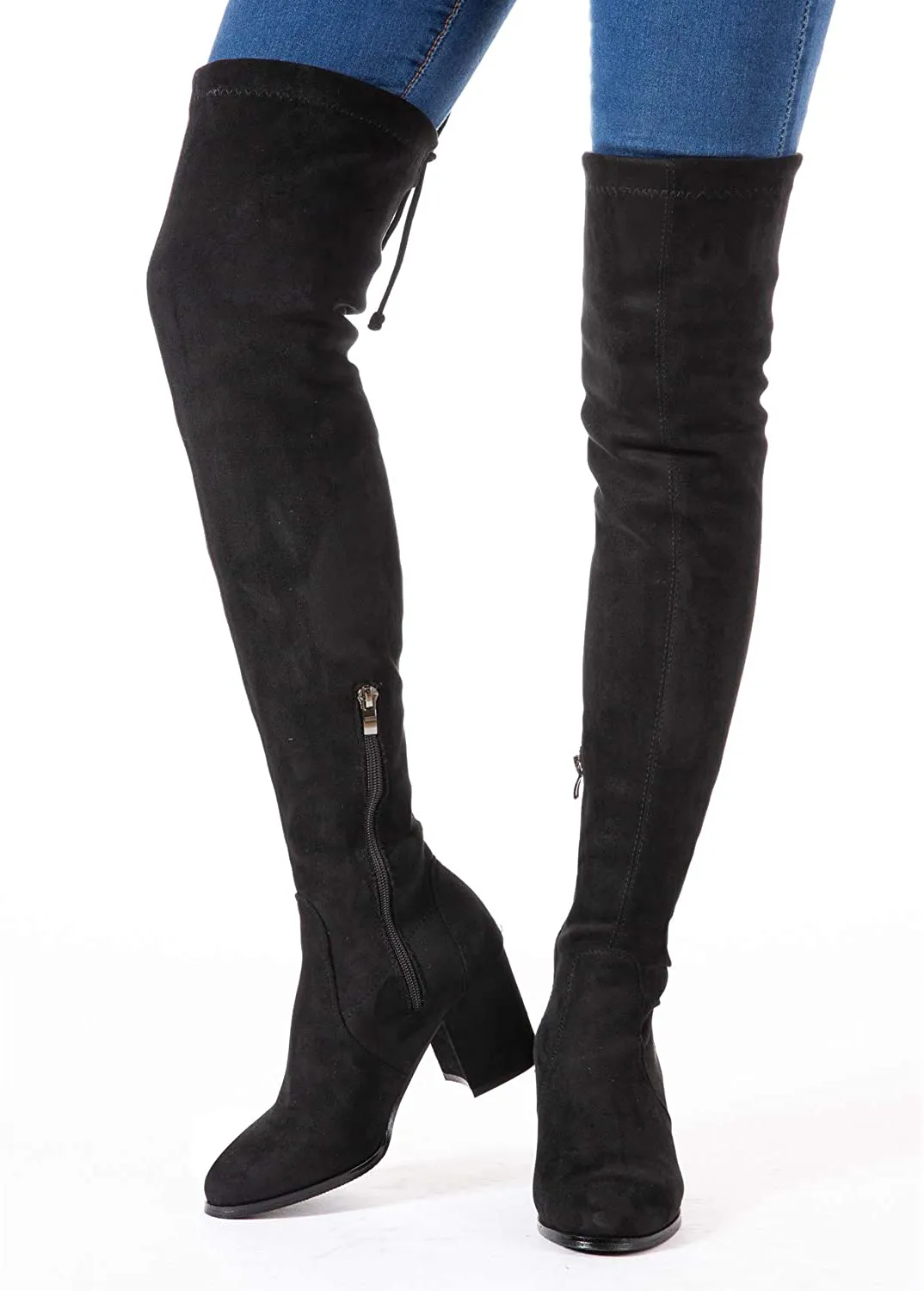 Winter Red Suede Over Knee Chunky Heel Boots