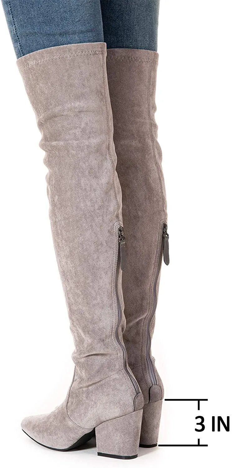 Winter Red Suede Over Knee Chunky Heel Boots