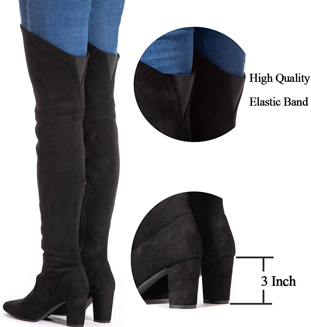 Winter Red Suede Over Knee Chunky Heel Boots